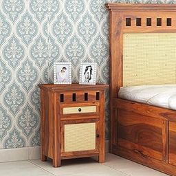 GF Furniture Solid Sheesham Wood Bedside Table with Drawer & Cane Door Cabinet | 60x45x30 cm | Natural Finish | Handcrafted Wooden Nightstand-image-4