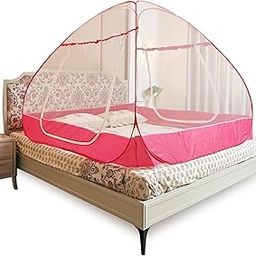 OnlineTree Mosquito Net for Double Bed | Queen Size Embroidery Foldable Machardani | Polyester 30GSM Strong Net | PVC Coated Corrosion Resistant Steel Wire (Royal Pink)-31