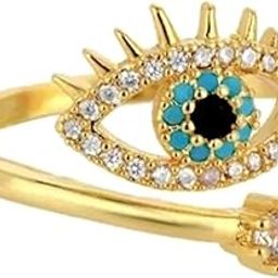 ‘Blue’ Evil Eye Gold-Toned Open Adjustable Cubic Zirconia Studded Protection Ring for Women and Girls-image-19