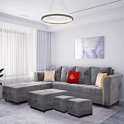 FURNY Melrond 8 Seater Fabric LHS L Shape Sectional Sofa Set with 1 Centre Table & Puffy (Grey)-image-57
