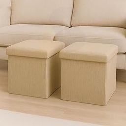 ABTRIX WITH AB Set of 2 Folding Storage Ottomans with Lid – 30x30x30 cm – Linen Fabric Footrest Stools, Foldable Storage Cubes with Padded Seat, 80KG Load Capacity (2, Beige & Beige)-image-21