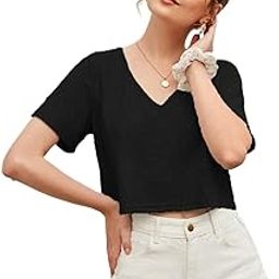 Zilcon Womens Fashion Crop Tops Summer Winter Baisc Tees V Neck Tshirts Casual Short Sleeve Cropped Top Crop Tops for Women | Women Fashion-image-90