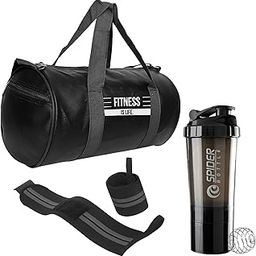 Gym Combo for Men Combo of Duffle Gym Bag with Shoe Compartment, Gym Wrist Band, Black 500ML Shaker Bottle, Gym kit for Men and Women (Black)-91