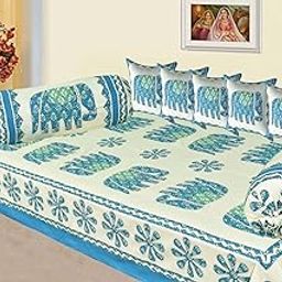 AMLEXTTRIZ Veda Cream Special Hathi Pure & Soft Cotton Diwan Cover Set |8 Pcs Set - 5 Cushion Cover,2 Bolster Cover,1 Bedsheet (SkyBlue)-5