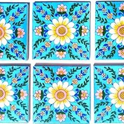 Shiv Kripa Decorative Ceramic Tabletop Interior Exterior Flooring Wall Kitchen Washroom Tile Mosaic Tiles 3x3 Inch 6 Tiles of Set (Sky Blue & Multi)-image-28