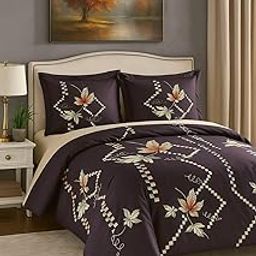 Floral Autumn Leaves Duvet Cover Set, Purple with Geometric Pattern, 3 Piece Bedding Set-1