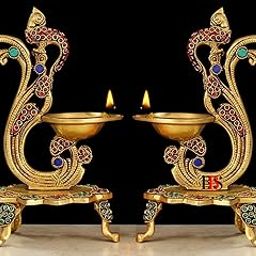 Diya Brass Peacock Hanging Set of 2 Oil Lamp with Stone Disinge Deepak Peacock Hanging with Table Standing Set of 2 Diya Hanging Peacock Oil Lamp Brass Home Decoration-image-77