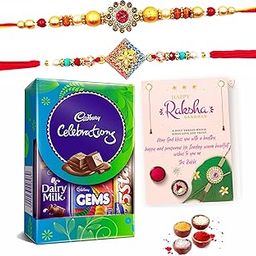 Rakhi for Brother Set of 2 with Cadbury Celebrations Chocolate Box, Tilak, Chawal, Chandan, Mishri & Raksha Bandhan Greeting Card – Rakhi Gift for Bhaiya, Men & Boys-image-31
