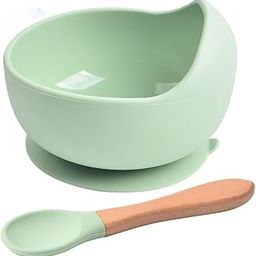 Takositio Baby Bowls, Dinner Bowl and Wooden Handle Spoon for Eating Training, Silicone Dinnerware for Beginners, Small Mixing Bowls, First Stage Self Feeding Utensils (Green, 1 Bowl + 1 Spoon)-10