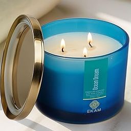 EKAM | 3 Wick Soy Wax Scented Candle| 35 Hours Burn Time| Long Lasting Premium Candles| Ideal for Home Decor, Gifting & Aromatherapy| Ocean Dream Fragrance-image-63