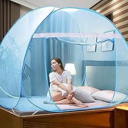 RC Collection Mosquito Net for Double Bed | King Size Foldable Machardani | Polyester 30GSM Strong Net |PVC Coated Corrosion Resistant Steel Wire - Sky Blue-0