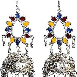 Traditional Oxidized Jhumka Earrings – Colorful Teardrop Design-image-52