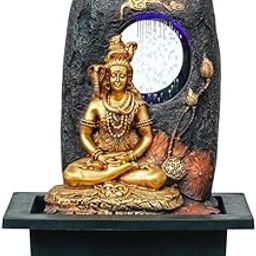 Golden Brown Polyresin Tabletop Lord Shiv Indoor Water Fountain for Home Decor with LED, Speed Control Pump-image-57