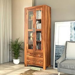 WOOD DECOR HANDICRAFT Sheesham Wood Bookshelf with Glass Door for Home Library Solid Wood Bookcase Wooden Crockery Cabinet for Kitchen Book Shelf (Natural Teak Finish)-image-14