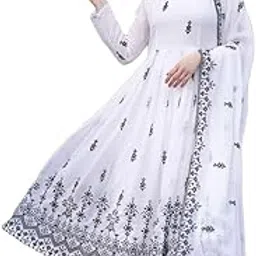 miss clothing Women's Floor Length Dress with Dupatta, White with Black Embellished Pattern, Three Quarter Sleeve - Traditional Indian Ethnic Wear for Weddings, Festivals, and Special Occasions-picture-7
