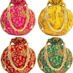 Embroidered Potli Bags, Set of 4, Fuchsia, Yellow, Red, Green-52