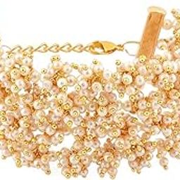 Antique Gold Tone Multistrand Clustered Pearls Ethnic Bracelet For Women-ZPFK10113-11