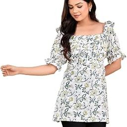 Hand Block Print Cotton Kurti Top – White with Green and Yellow Floral Pattern and Ruffled Square Neck-19