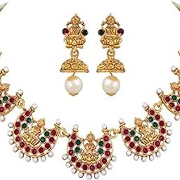 Latest 18k Gold Plated Traditional Temple Choker Necklace Wedding Party Stylish Jewellery Set for Women-image-0