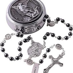 Saint Michael Archangel Hematite Black Stone Beads Rosary Necklace with Metal Gift Box for Men, Hematite,No Gemstone, Hematite,No Gemstone, hematite, No Gemstone-image-42