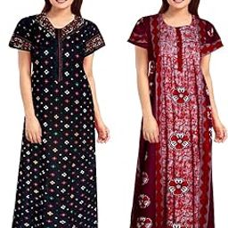 Women's Pure Cotton Printed Nightdresses Maxi Gown Maternity Wear Nighties (Pack of 2 Piece)-image-1