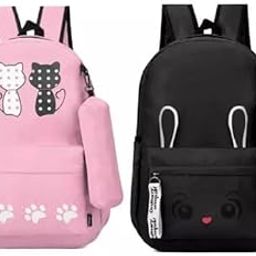 Cute Cartoon Animal Backpack Combo for Girls | Cat & Bunny Printed School Bags with Pencil Pouch | Lightweight Kids Backpack Set for School, Travel & Gifts-image-90
