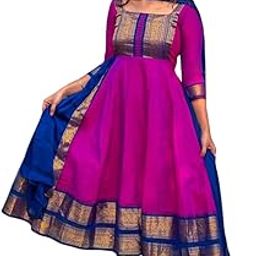 Women's Vichitra Silk Traditional Anarkali Dress, Magenta with Royal Blue Border, Zari Work, Jacquard Weaving 3/4 Sleeves, Anarkali Suit-picture-29