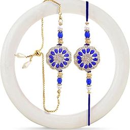 Rakhi for Brother and Bhabhi Combo - Designer Peacock Couple Silver Rakhi's Set of 2 with Greeting Card and Tikka - Lumba Rakhi for Bhaiya Bhabhi-45