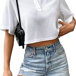 Women's Waffle (Cotton) Button Down Cropped Sexy Cap Raglan Sleeve Shining Top Club Party Disco T-Shirt for Women Stylish, Festival wear, Tops-image-89