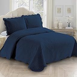 Fancy Linen 3pc Embossed Coverlet Bedspread Set Oversized Bed Cover Solid Floral Daisy Pattern New # Allison (Full/Queen, Navy Blue)-22