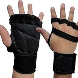 GymWar Sports Leather Gym Gloves for Men with Wrist Support Band for Weight Lifting and Exercise Black Color-image-42