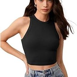Solid Round Neck Sleeveless Casual Ribbed Crop Tank Top for Women-image-0