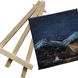 BHAGATH ART STUDIO Mini Canvas Night Camping Scene with Wooden Display Easel, 10x10 cm Home Decor,Fine Art,Gift-image-4