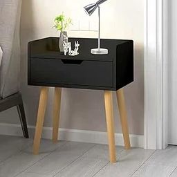 WOOD LED Modern Bedside Table with Drawer, Space Saving Living Room Furniture, Wooden Home decore end Table with Folding Legs-Black-image-98