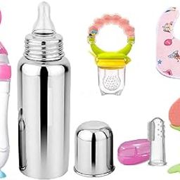 Drisona Toddler Baby Fruit Feeder Pacifier With Rattle (1 Pcs) With 1 Pcs Silicone Food Dispensing Spoon 90Ml And 1 Pcs Fruit Teether 1Pcs Finger Brush 1 Pcs Baby Bib 1 Pcs Steel Bottle 240 Ml(Pink)-18