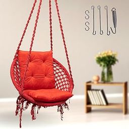 Curio Centre Make in India Red Round Cotton Swing with L Cushion & Hanging Kit/Hammock Swing for Kids & Adults/Swing for Balcony/Cushion & Accessories Included (145 cm X 57 cm X 43 cm,Red)-1