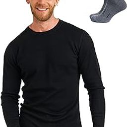 Merino Wool Base Layer - Mens 100% Merino Wool Long Sleeve Thermal Shirts Heavyweight, Midweight, Lite with Socks, Black, XX-Large-image-44