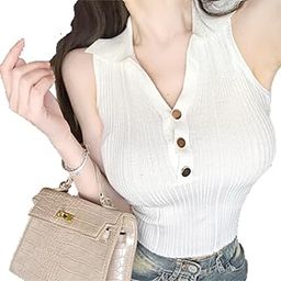 Women's Knitted Ribbed Golden Button Sleeveless Polo Collar Crop Vest Sling Cami Tank Top Dn23-image-89