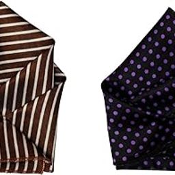 Men's Pocket Square Combo – Brown Satin Striped & Black Satin with Purple Polka Dots – Handkerchief Set for Suit, Tuxedo & Formal Wear-25