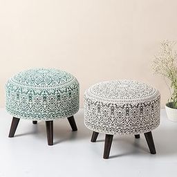 nestroots Set of 2 Wooden Ottoman Stools for Living Room | Printed Pouffes for Sitting, Footrest with 4 Wooden Legs | 14 Inch Height, Green and Grey | Stylish & Comfortable Furniture for Home Dcor-3