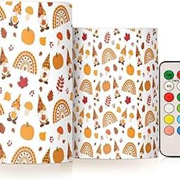 OURVII 2Pack Hello Fall Gnome Rainbow Flameless Candles Set Remote Timers Pillar Candles for Home Bedroom Bathroom Outdoor Party Garden Ambient Lighting Kitchen Decoration-image-79