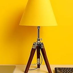 Falcon Traders Tripod Table Lamp, Wooden Brown Base, Yellow Pleated Shade with Chain Detail-image-4
