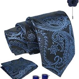 Navy Blue Pasiley Tie For Men – Formal Ties Set With Pocket Square & Tie Pin Clip For Mens, Silk Neckties Gift Sets For Men’s (AX24_28)-14