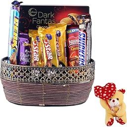 SFU E Com Creamy Chocolates With Beautiful Wooden Basket | Valentine Heart Teddy Bear With Chocolate Combo | Valentine Chocolate Hamper | 754-15