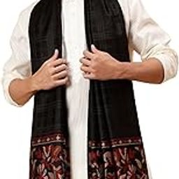 Men’s Ethnic Black Shawl/Stole for Winters, Self Design Check with Floral Palla (40 x 80 Inches)-1