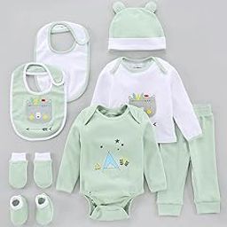 My Milestones 8 Pieces Full Sleeves New Born Baby Gift Set, Infant Gift Set, Clothing Set for Boys - 0-6 Months (Sage Green)-image-82