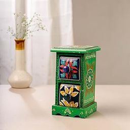 Bharat Handicraft Wooden Chest Tower with 2 Colourful Ceramic Drawers, Multipurpose Storage, Dressing Table Organizer, Decorated Wooden Drawer Table Décor, Green, Standard, Pack of 1-image-83