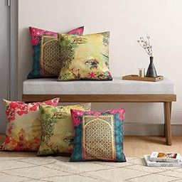India Circus by Krsnaa Mehta Royal Court Multicolor Printed Decorative Blended Velvet Cushion Pillow Cover for Couch, Sofa, Bed Set of 5 (16 x 16 Inches)-8