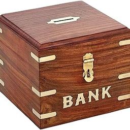FURNIFOX Wooden Money Bank Large - Coin Saving Box - Piggy Bank Squre Piggy Bank with Brass Accents - Lockable Latch Gifts for Kids, Girls, Boys & Adults (Brown)-image-33