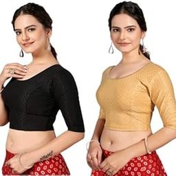 Cotton Stretchable Round Neck Elbow Sleeves Saree Blouse Readymade Crop Top Choli for Girls & Womens-image-31